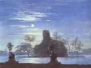 Karl friedrich schinkel The Garden of Sarastro by Moonlight with Sphinx,decor for Mozart-s opera Die Zauberflote Spain oil painting artist